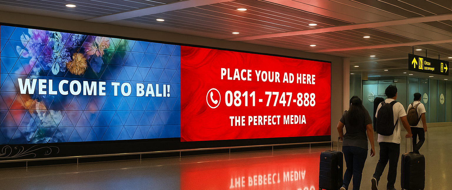 Iklan di Bandara Bali menampilkan pesan selamat datang dan ajakan untuk beriklan di layar LED, menciptakan kesan pertama yang kuat bagi para pelancong