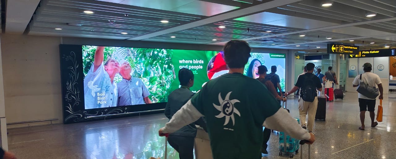 Bali Bird Park tourism advertisement on LED screen at I Gusti Ngurah Rai International Airport, Indonesia, 2025