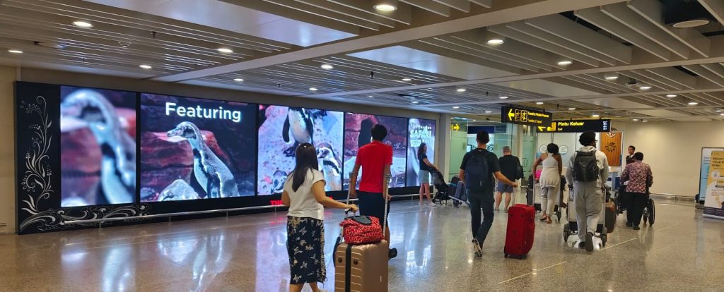 Marine and Bali Safari Park tourism promotion on LED screen at Bali International Airport, 2025